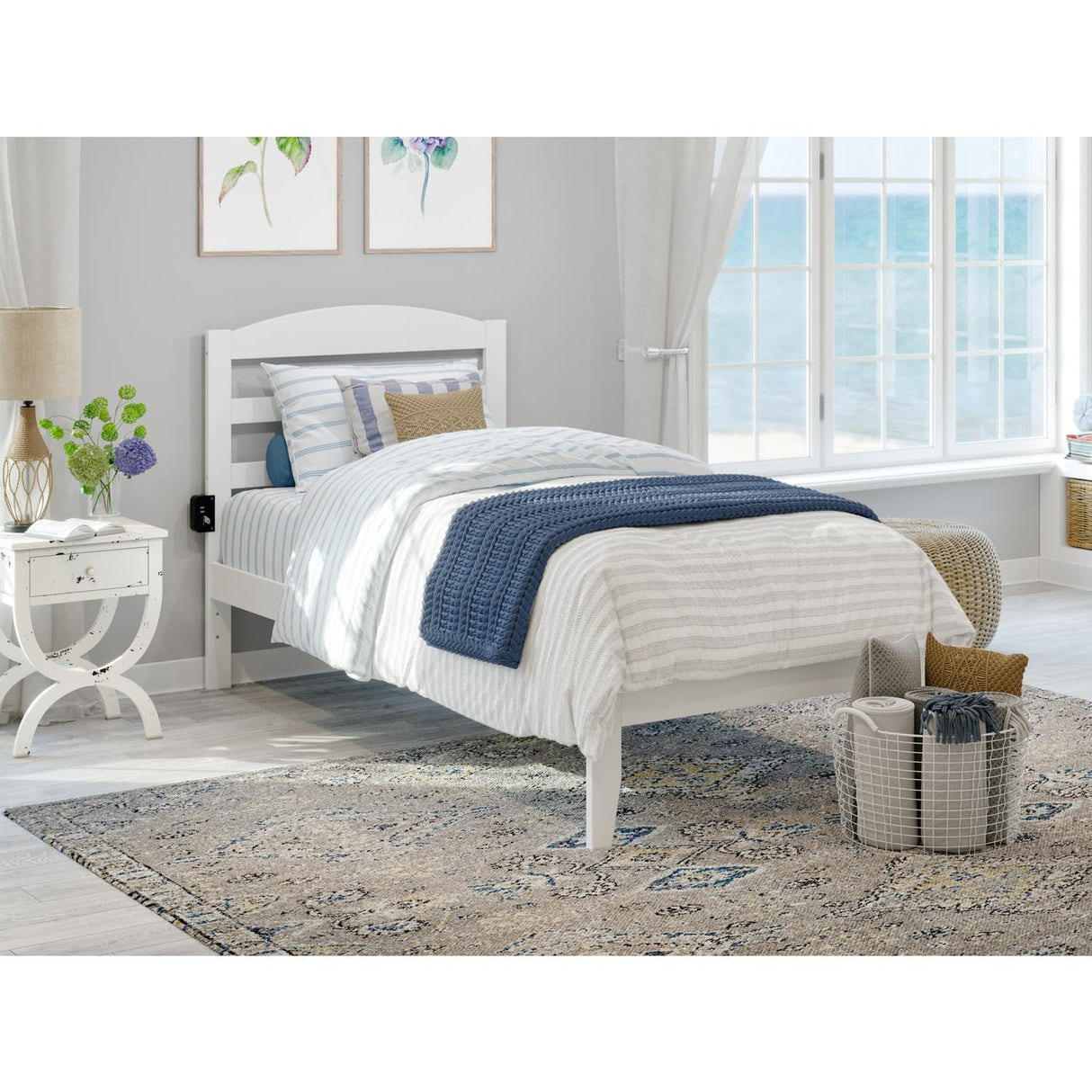Traditional Twin XL Bed with USB Charger in White