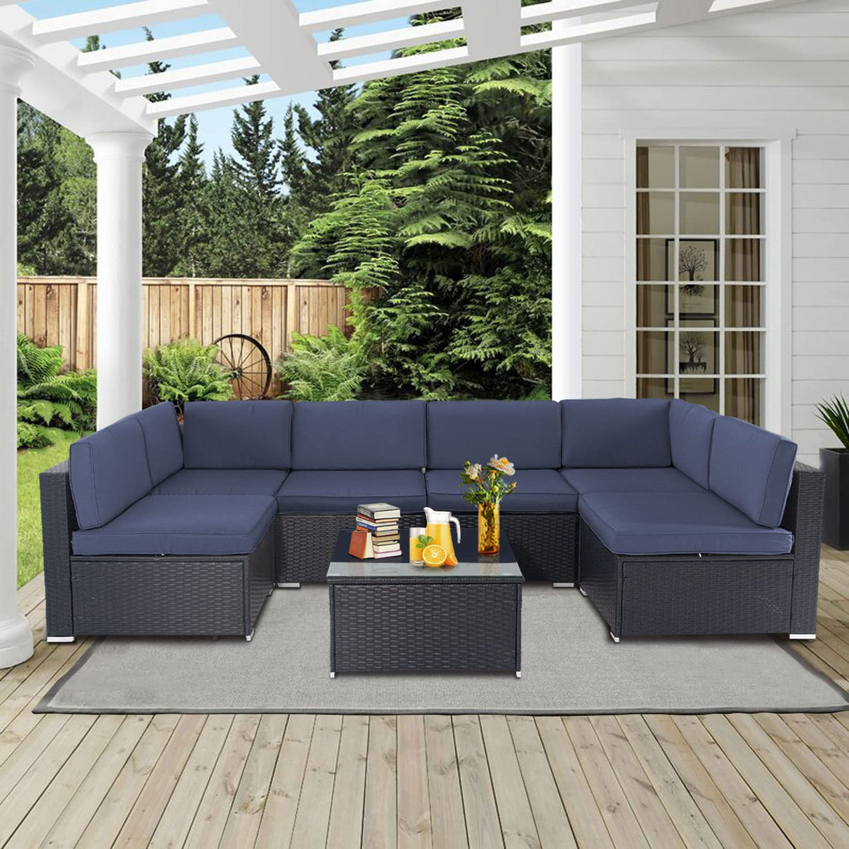 7-Piece Outdoor Patio Sofa, All Weather Black Brown Wicker Sectional Furniture