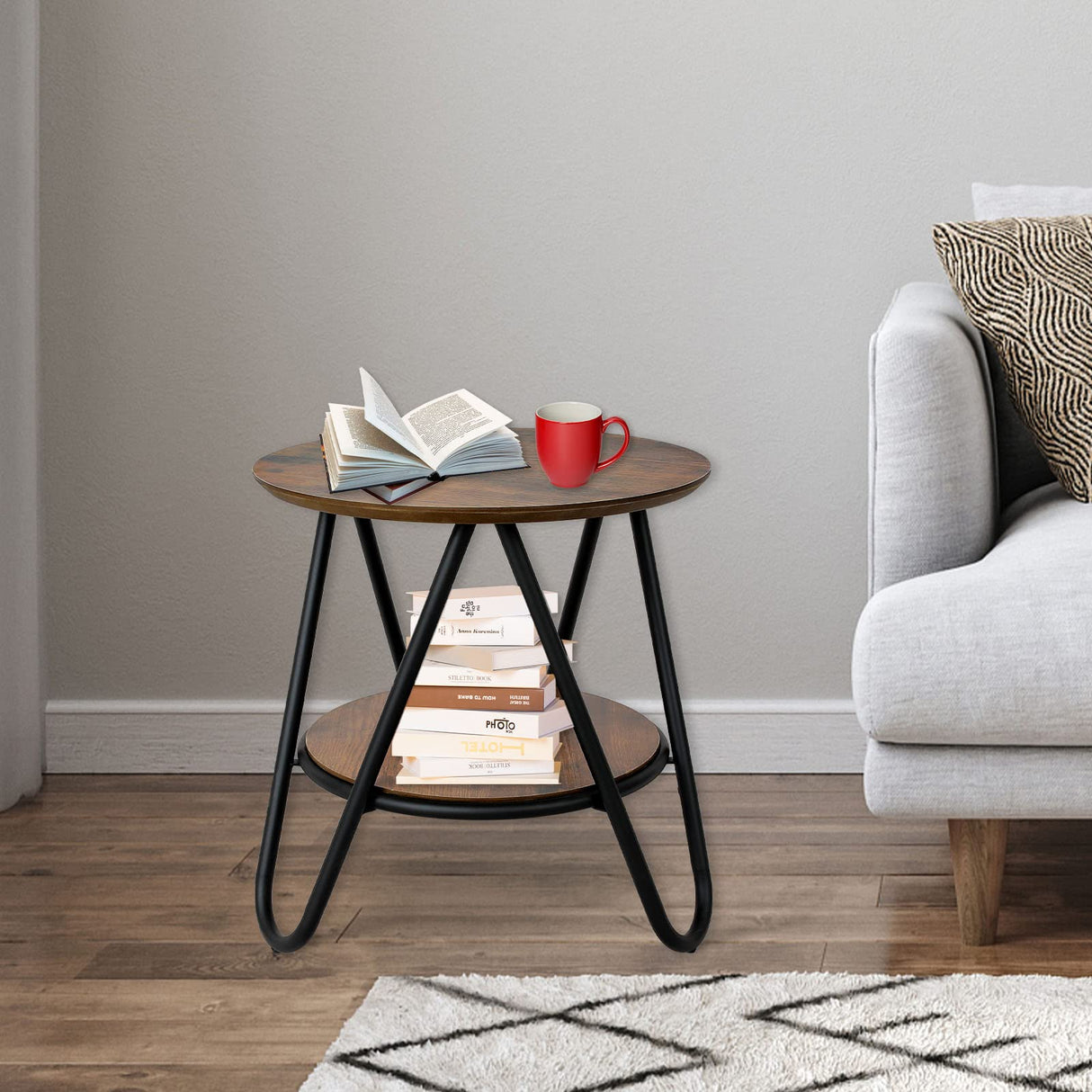 2-Tier Round Side Table, Small End Table with Metal Legs, Industrial Wood Beside Table