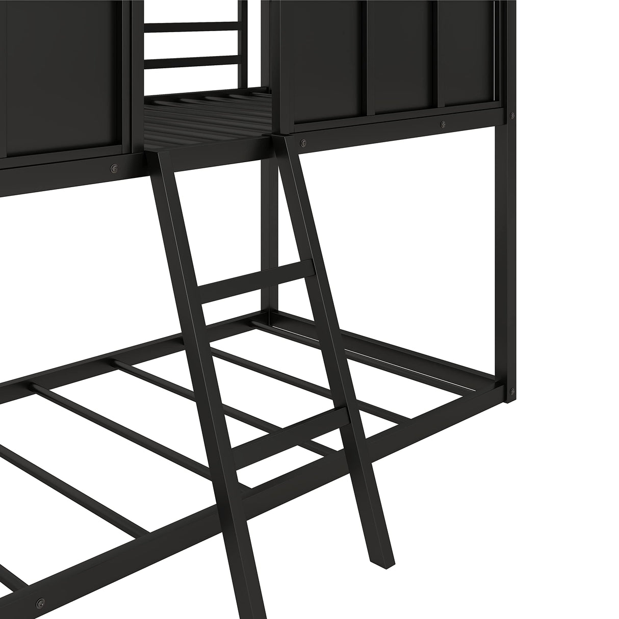 Twin Over Twin Size Metal Low Bunk House Bed with Roof, Two Front Windows