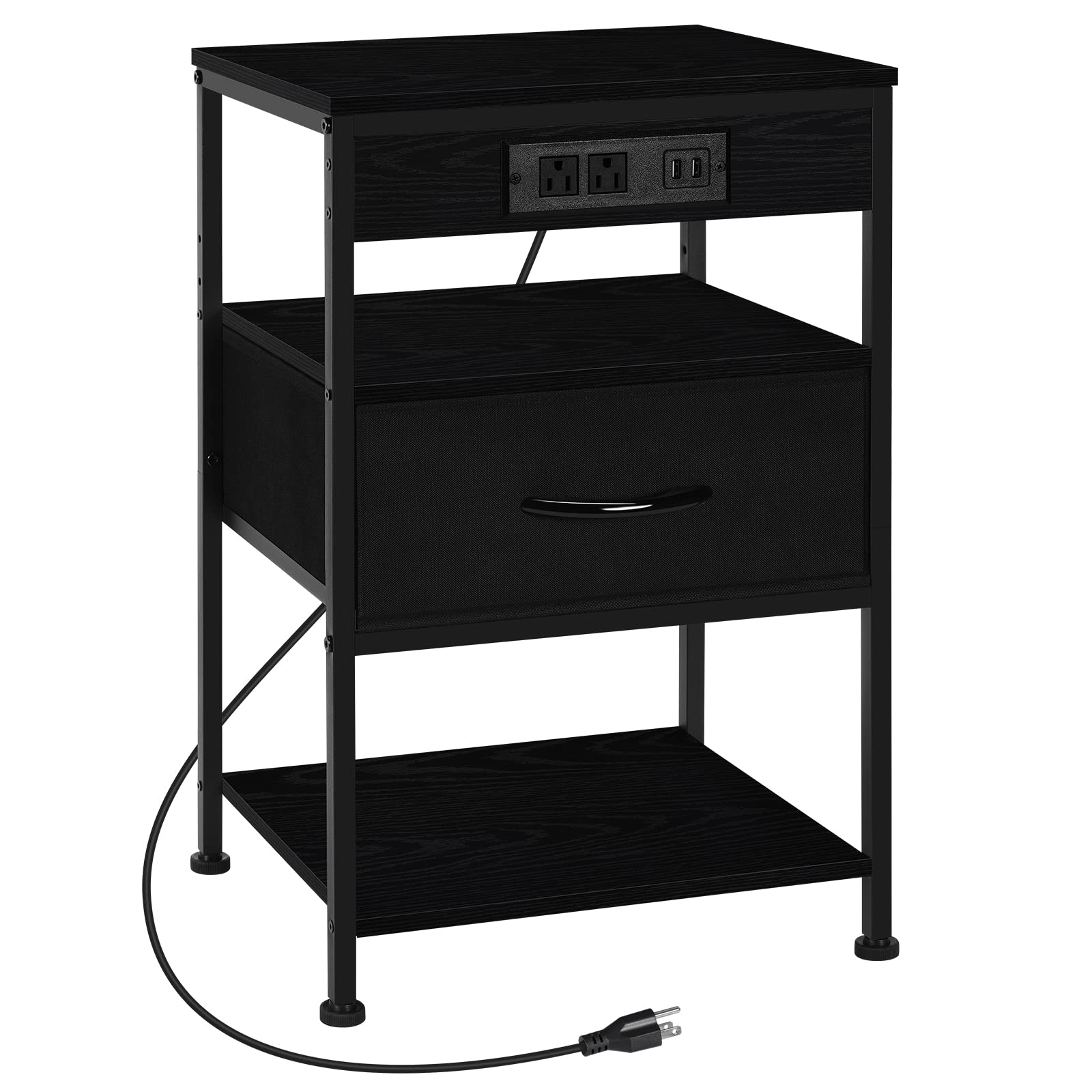 Bedside Table Black Nightstand with Charging Station Side Table
