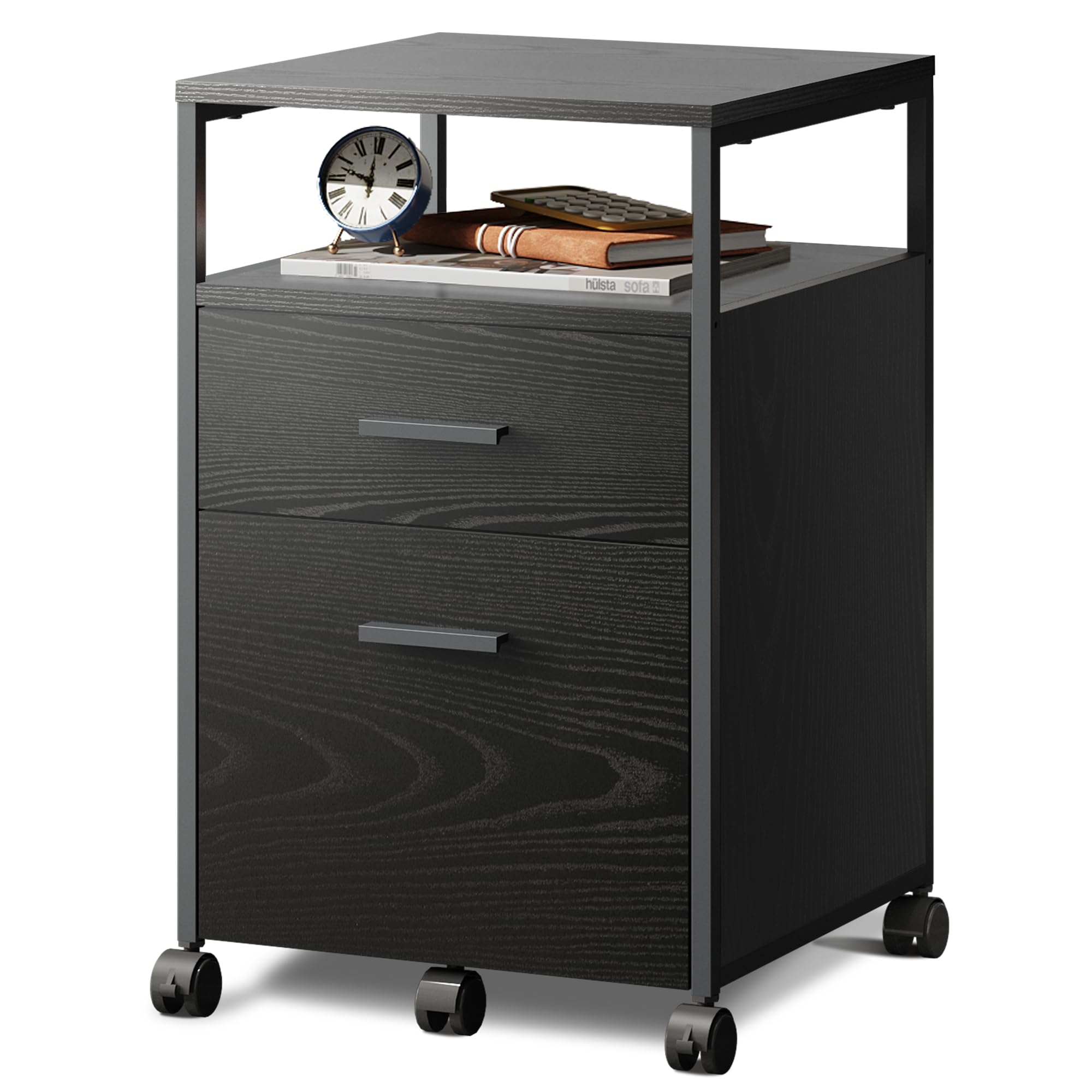 2 Drawer File Cabinet, Mobile Printer Stand with Open Storage Shelf