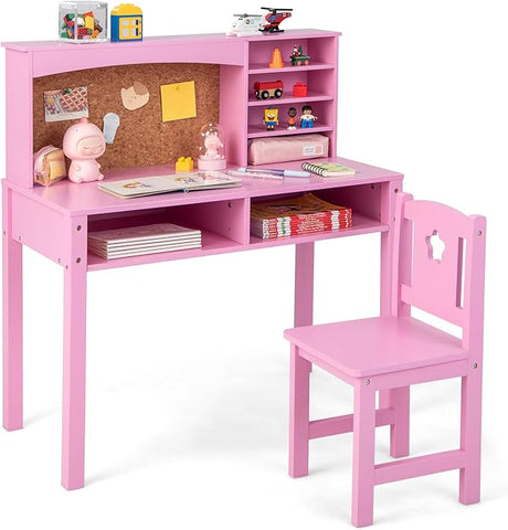 and Chair Set, Wooden Study Desk for Kids with Storage, Hutch, Cork Bulletin Board, Student Writing Computer Workstation, Kids Desk for Study Room, Bedroom, School, White