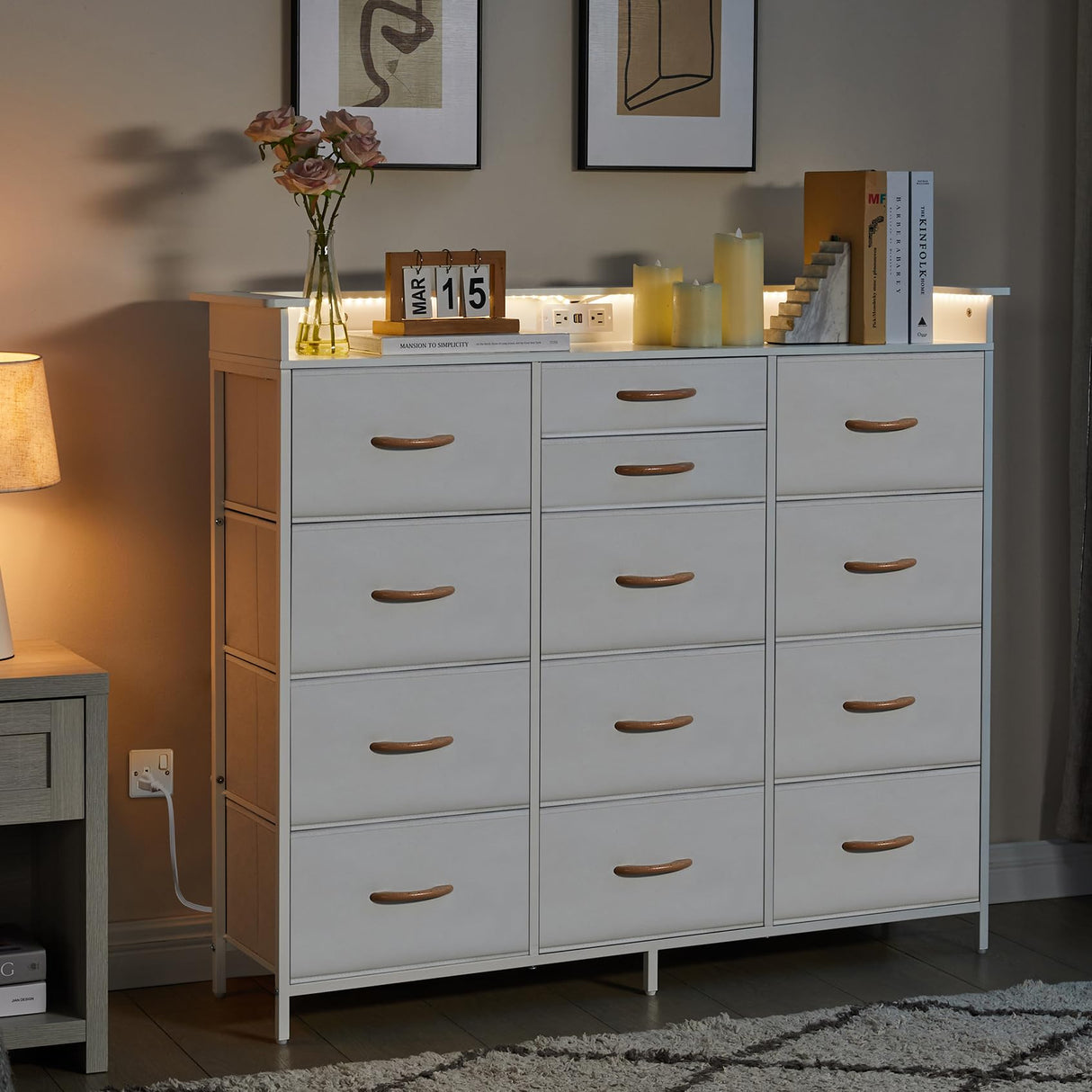 White Dresser with Charging Station and LED Lights, Dresser