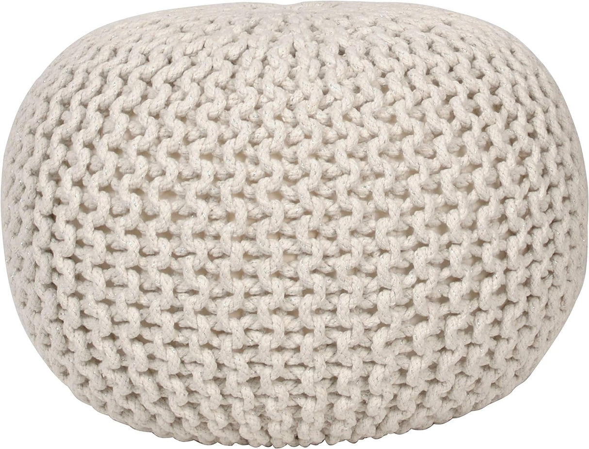 Lola Round Knit Lurex Yarn and Cotton Pouf, Off-White 20x20x14