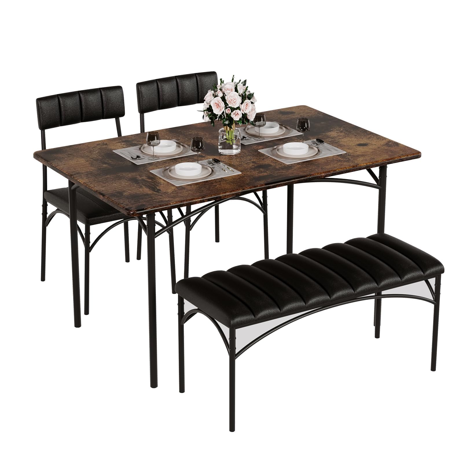 4-Piece Dining Table Set with Upholstered Bench & Chairs