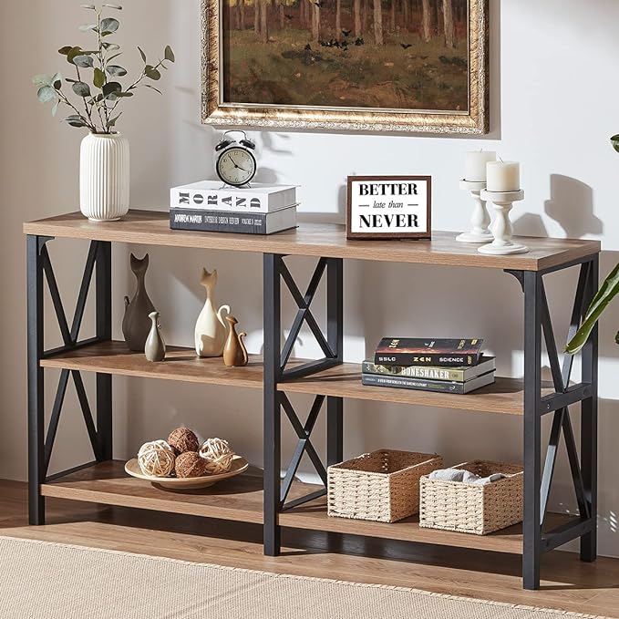 Farmhouse Entryway Table, Wood TV Console Table, Long Rustic Metal Sofa Table