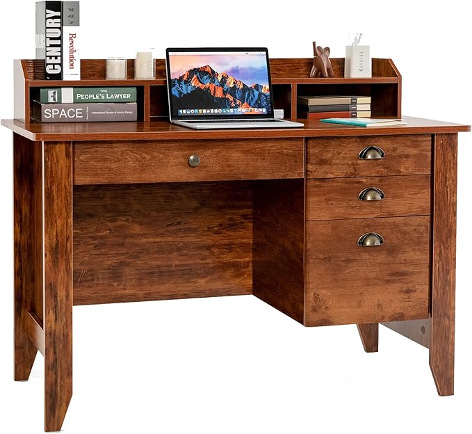 Computer Desk with 4 Storage Drawers & Hutch, Home Office Desk Vintage Desk