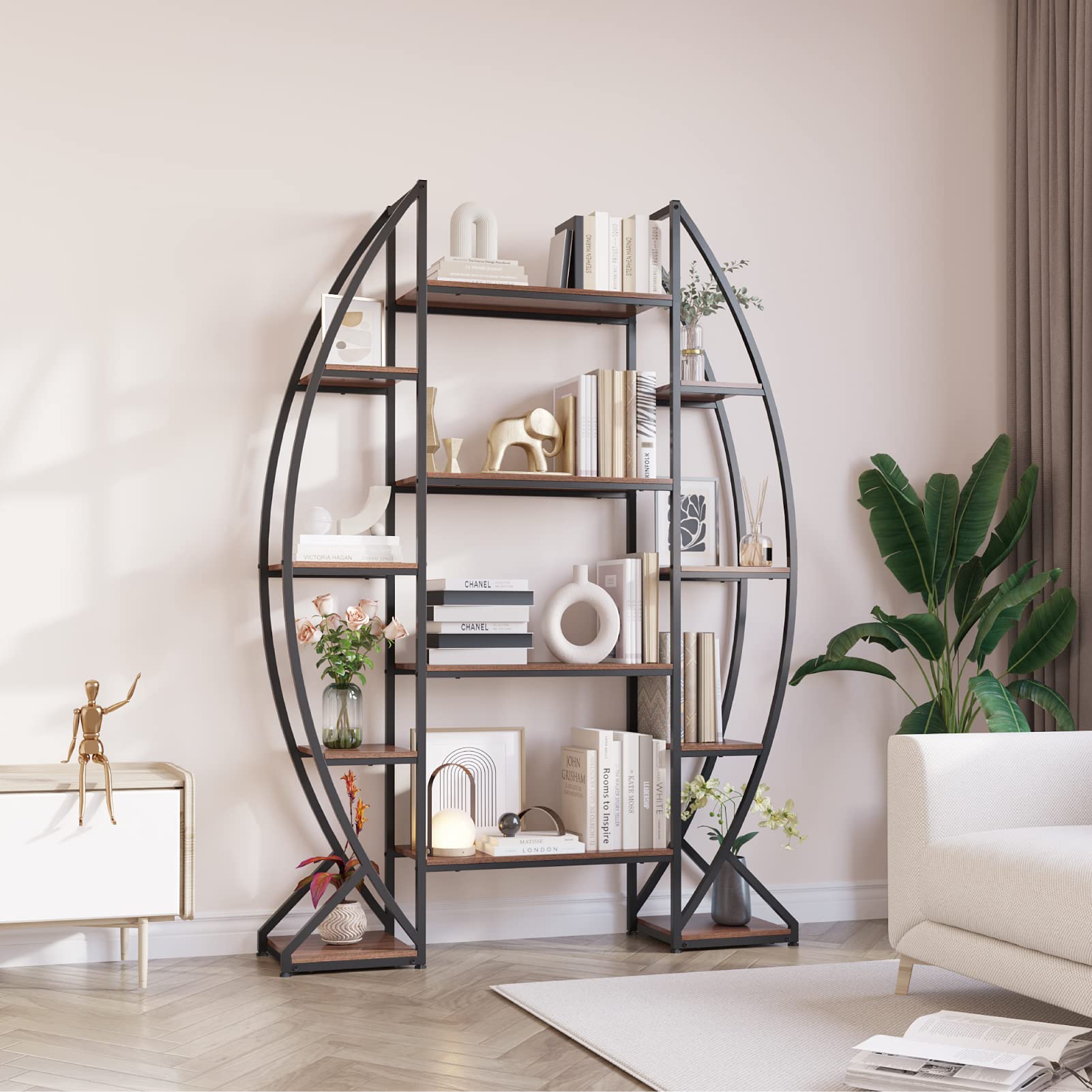 Large Oval Bookshelf – 70” Tall, 5-Tier Industrial Metal & Wood Bookcase