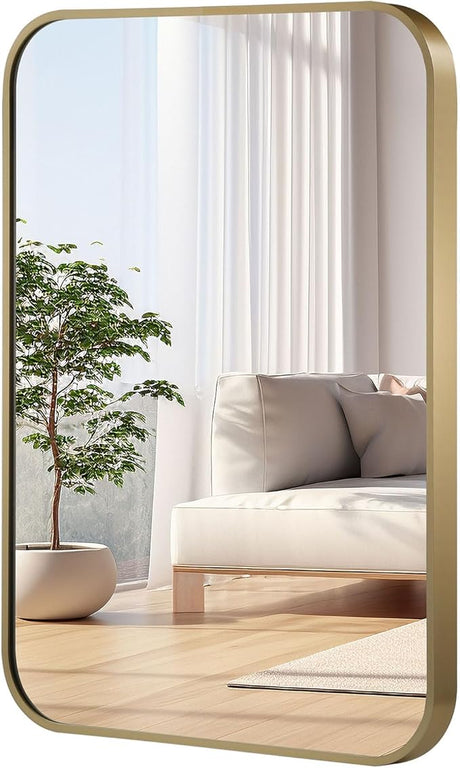 24x36 Inch Gold Bathroom Mirror, Brushed Brass Gold Metal Framed Rectangular