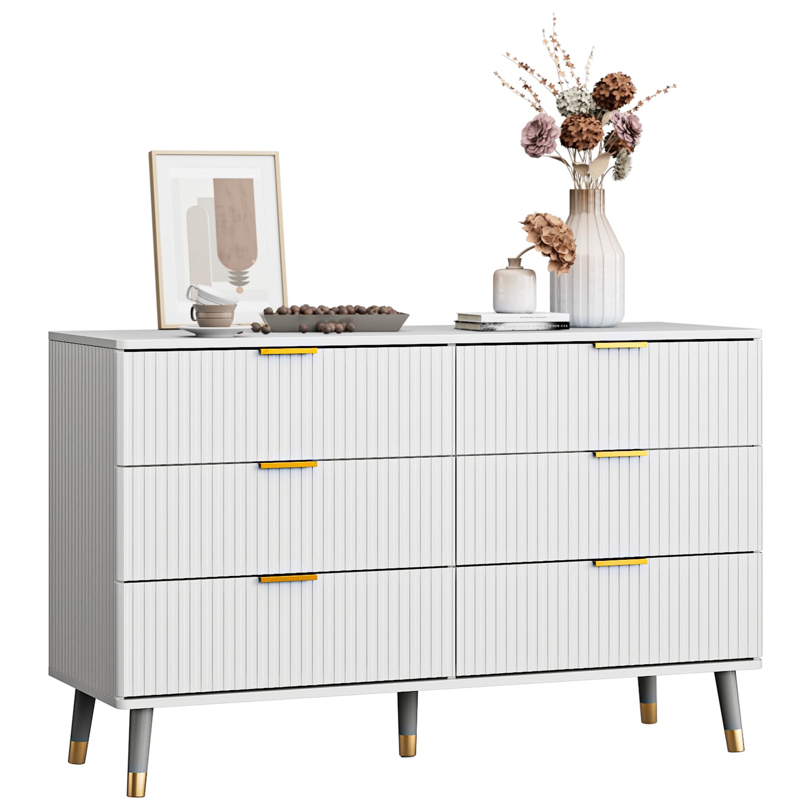 White Dresser, Fluted White and Gold Dresser for Bedroom, 6 Drawer Dresser