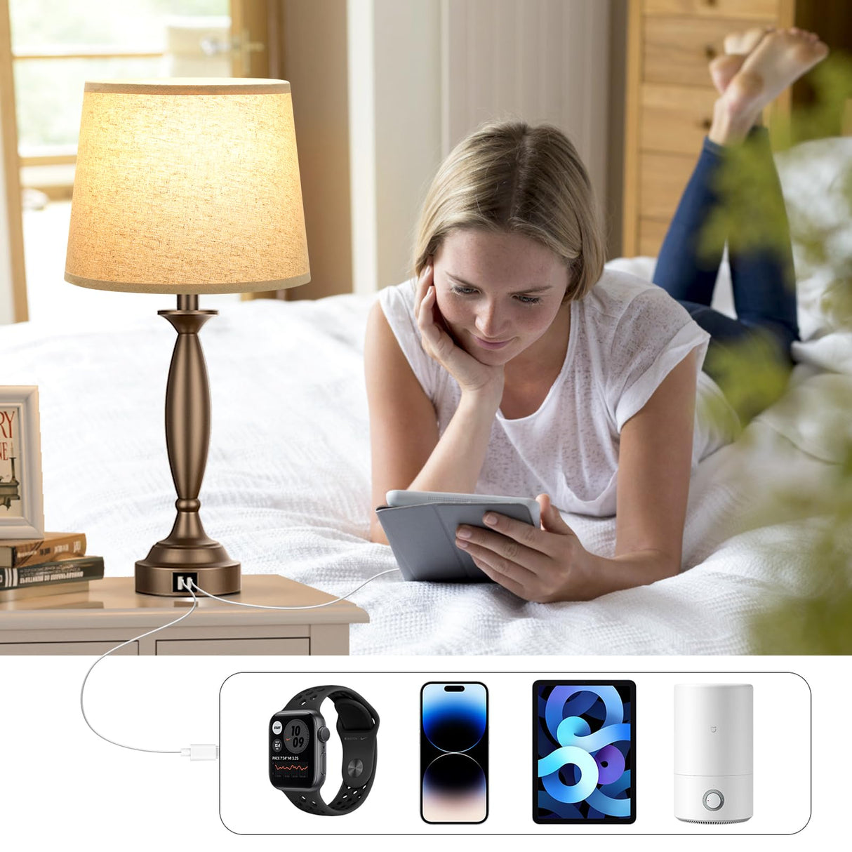 Beige Brown Lamps for Bedrooms Set of 2 - Touch Control Bedside Lamp with USB C+A,