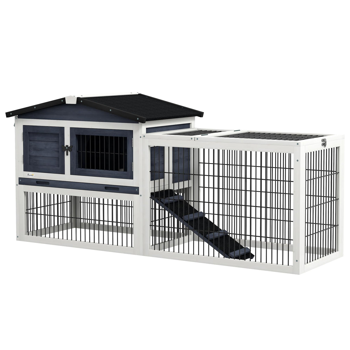 Rabbit Hutch Outdoor, 59" Wooden Bunny Cage with Openable Top, Run, Asphalt Roof