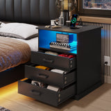 Nightstand with Charging Station and LED Lights, Large Bedside Table with 3 Storage Drawer