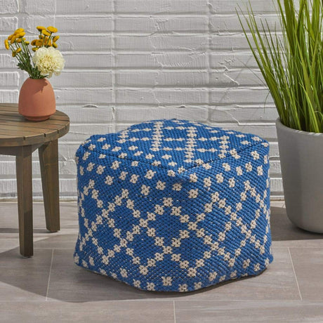 Ophelia Outdoor Cube Pouf, Boho, Blue and White Yarn