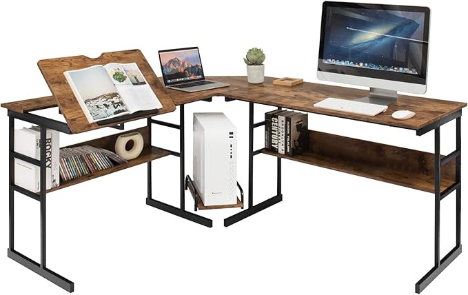 67 Inches L-Shaped Office Desk, Corner Computer Desk with Bottom Bookshelves & CPU Stand, Drafting Drawing Table with Tiltable Desktop, Corner Computer Workstation Home Office Desk