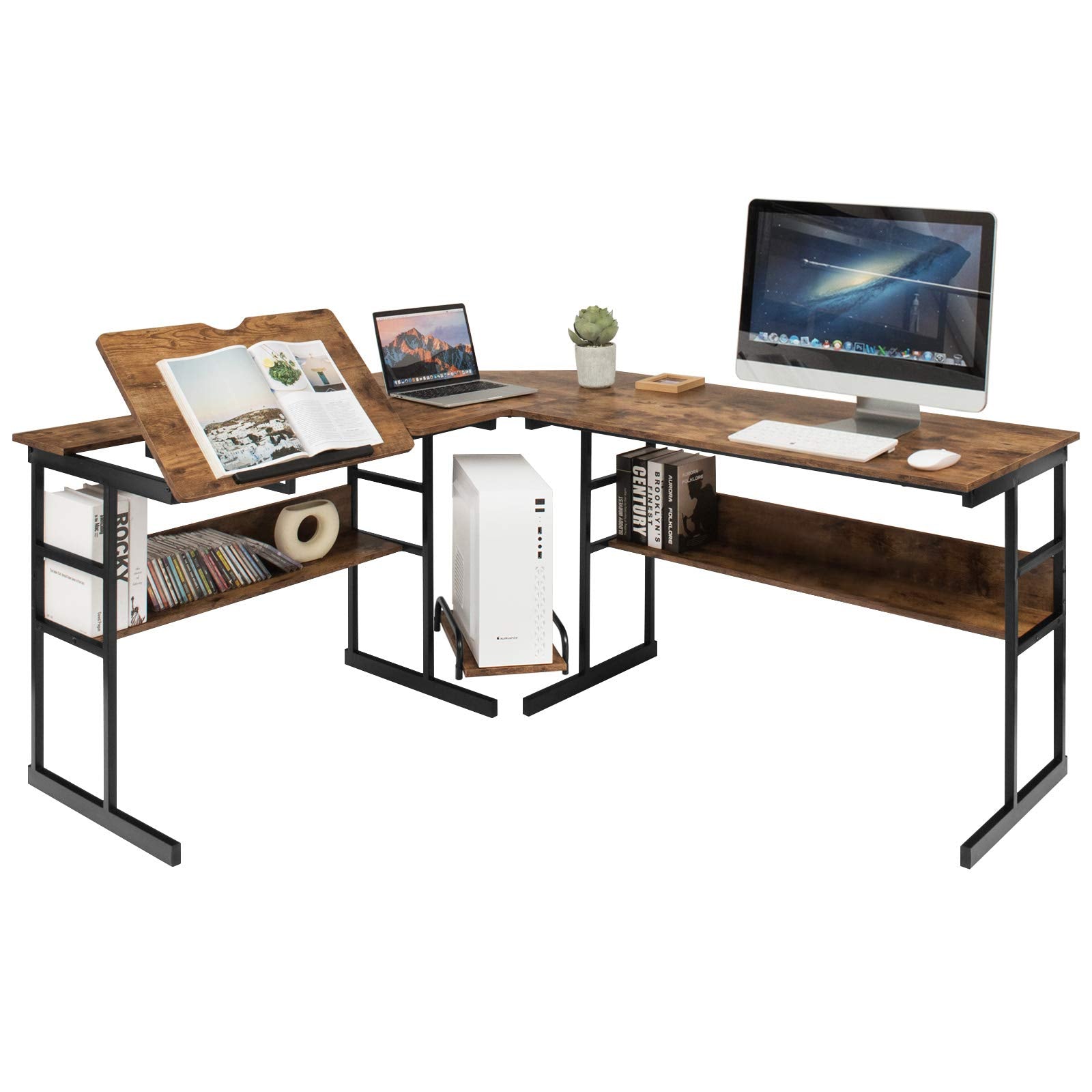 67 Inches L-Shaped Office Desk, Corner Computer Desk with Bottom Bookshelves & CPU