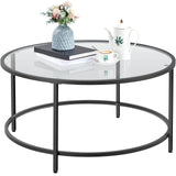 36" Round Glass Coffee Table, Black Circle Coffee Table Center Table with Glass Top,