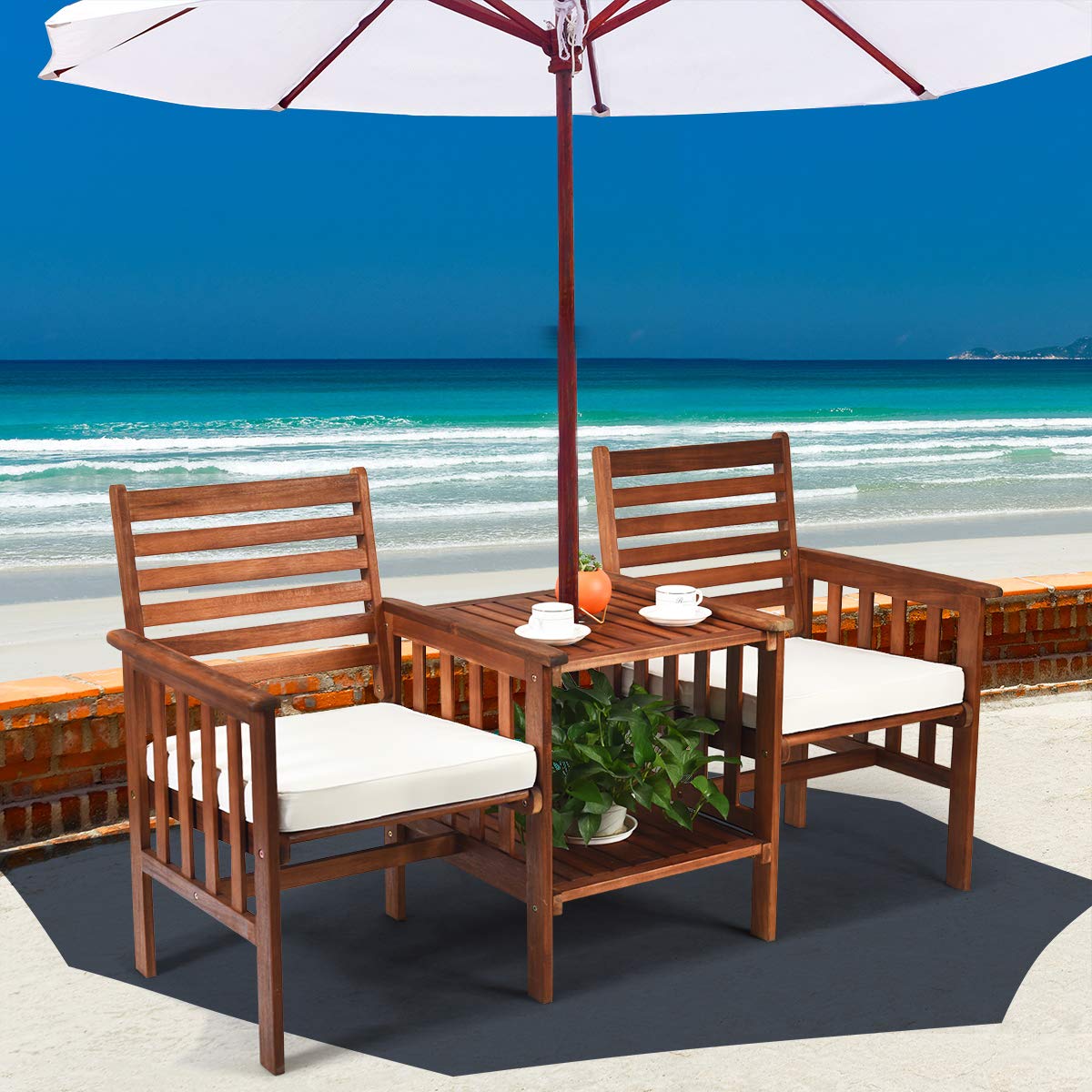 Wood Loveseat, 3pcs Outdoor Table Chairs Set, Patio Conversation Set w/Coffee Table