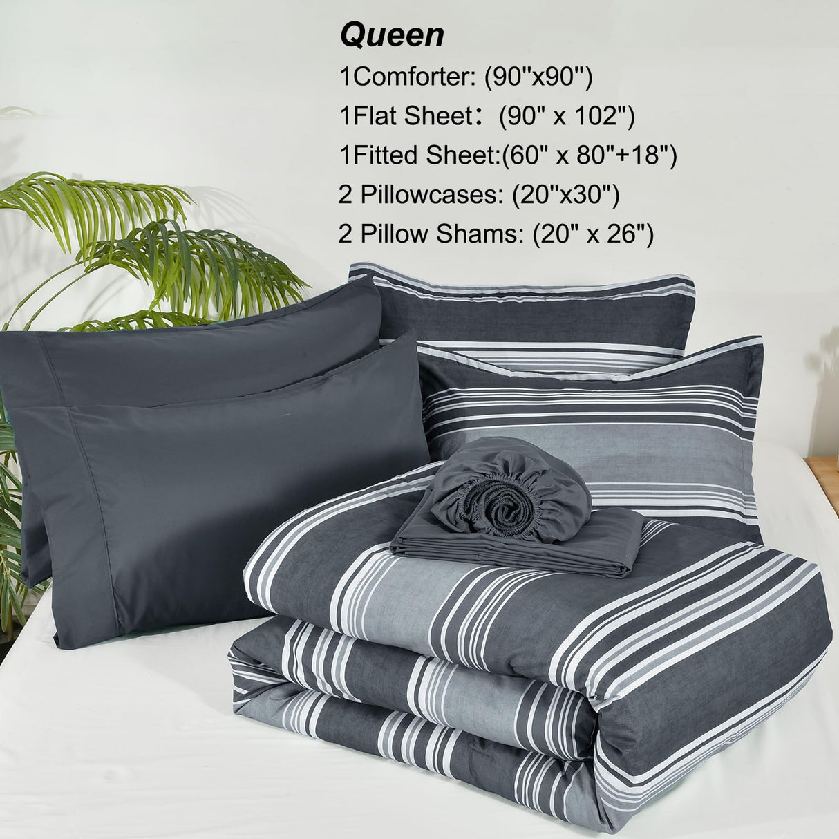 7 Pieces Queen Comforter Set, Striped Bed in A Bag, Charcoal Grey Stripe Comforter