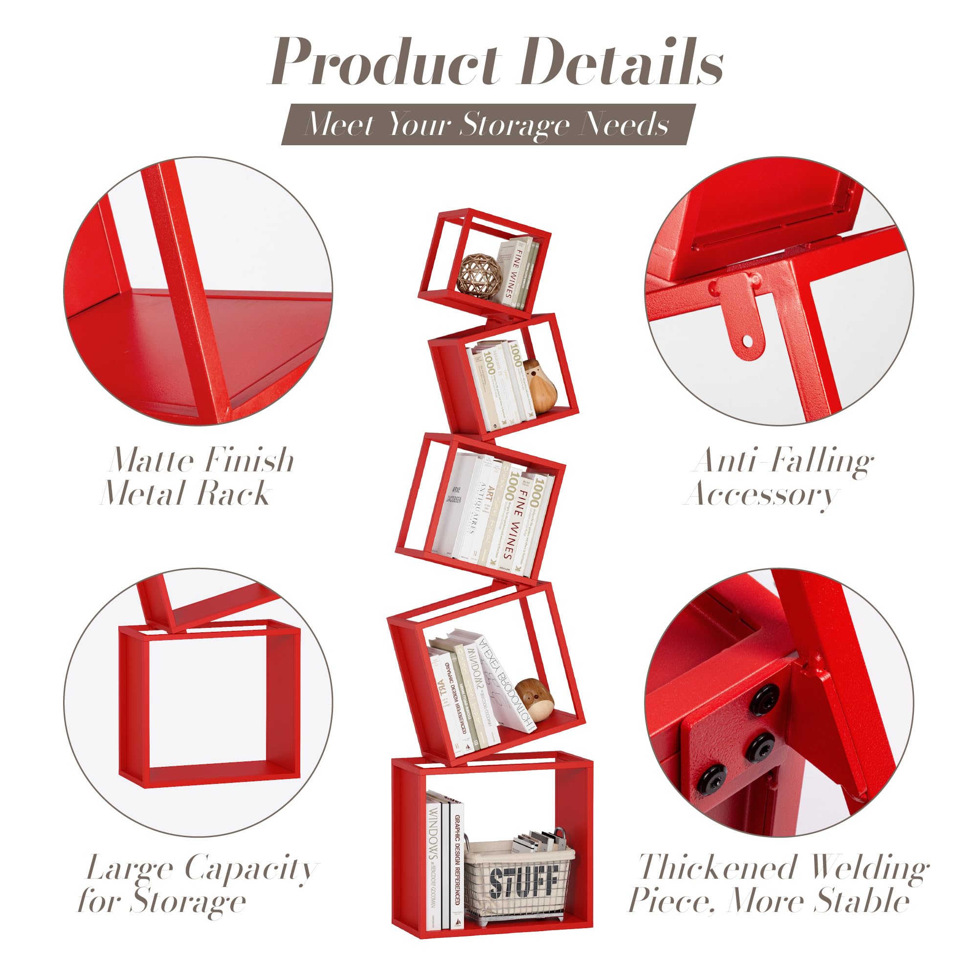 Bookshelf, 5-Tier Geometric Bookcase, 70.6" Tall Red Book Organizer,