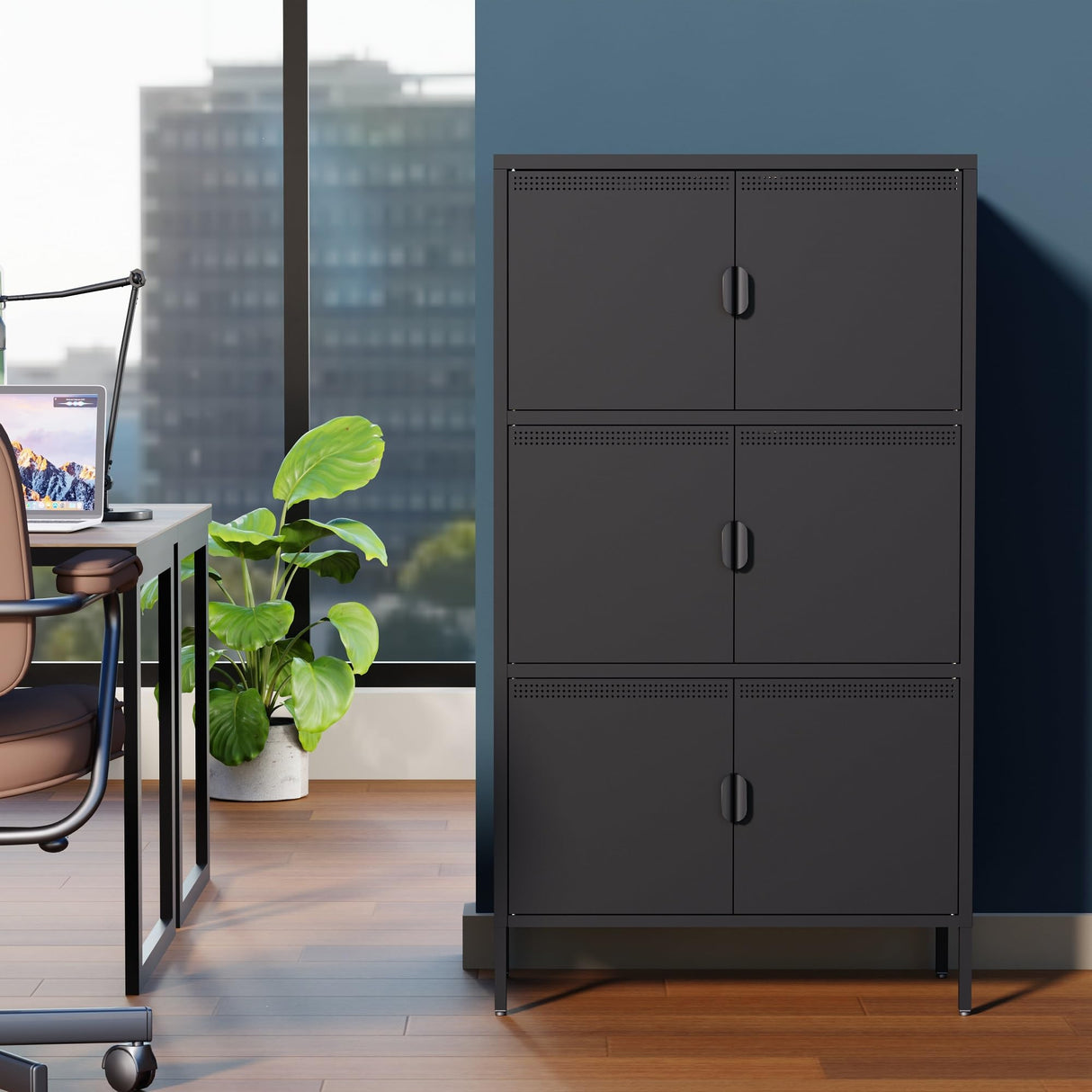 Metal Locker Storage Cabinet with 6 Doors and 4 Shelves，56.6" Tall Steel Office Storage
