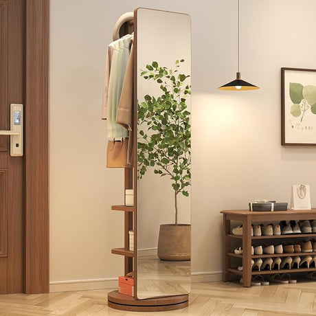 Rotaty Full Length Mirror, 70"x16",Unique Solid Wood Oversized Floor Mirror with Coat Rack, Full Body Mirror for Bedroom,Entryway,Living Room (Walnut)