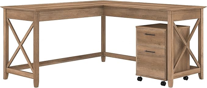 Key West 60W L Shaped Desk with 2 Drawer Mobile File Cabinet in Washed Gray