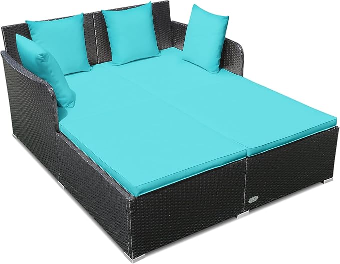 Rattan Patio Outdoor Daybed, Wicker 2-Person Sunbed Loveseat with Soft Cushions
