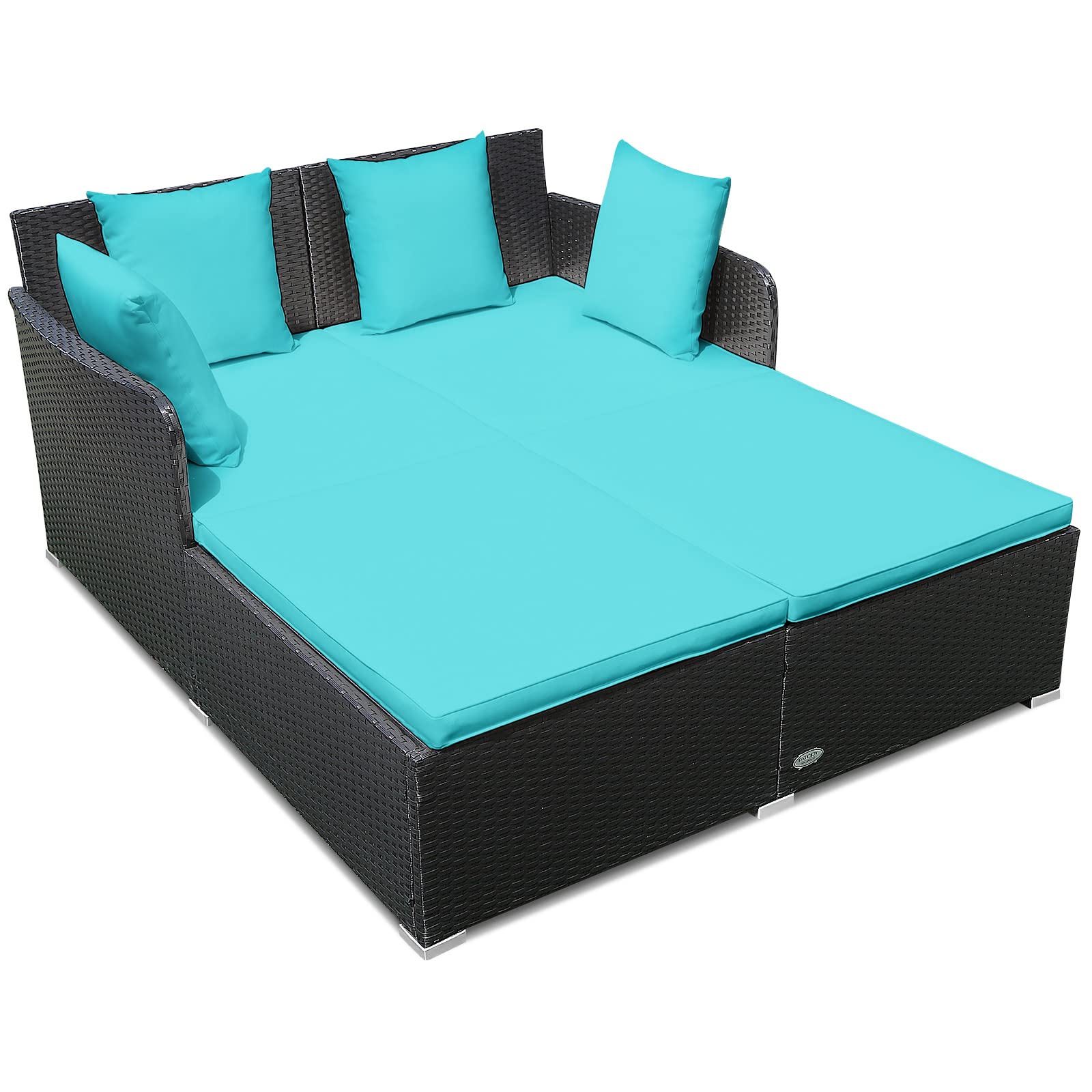 Rattan Patio Outdoor Daybed, Wicker 2-Person Sunbed Loveseat with Soft Cushions