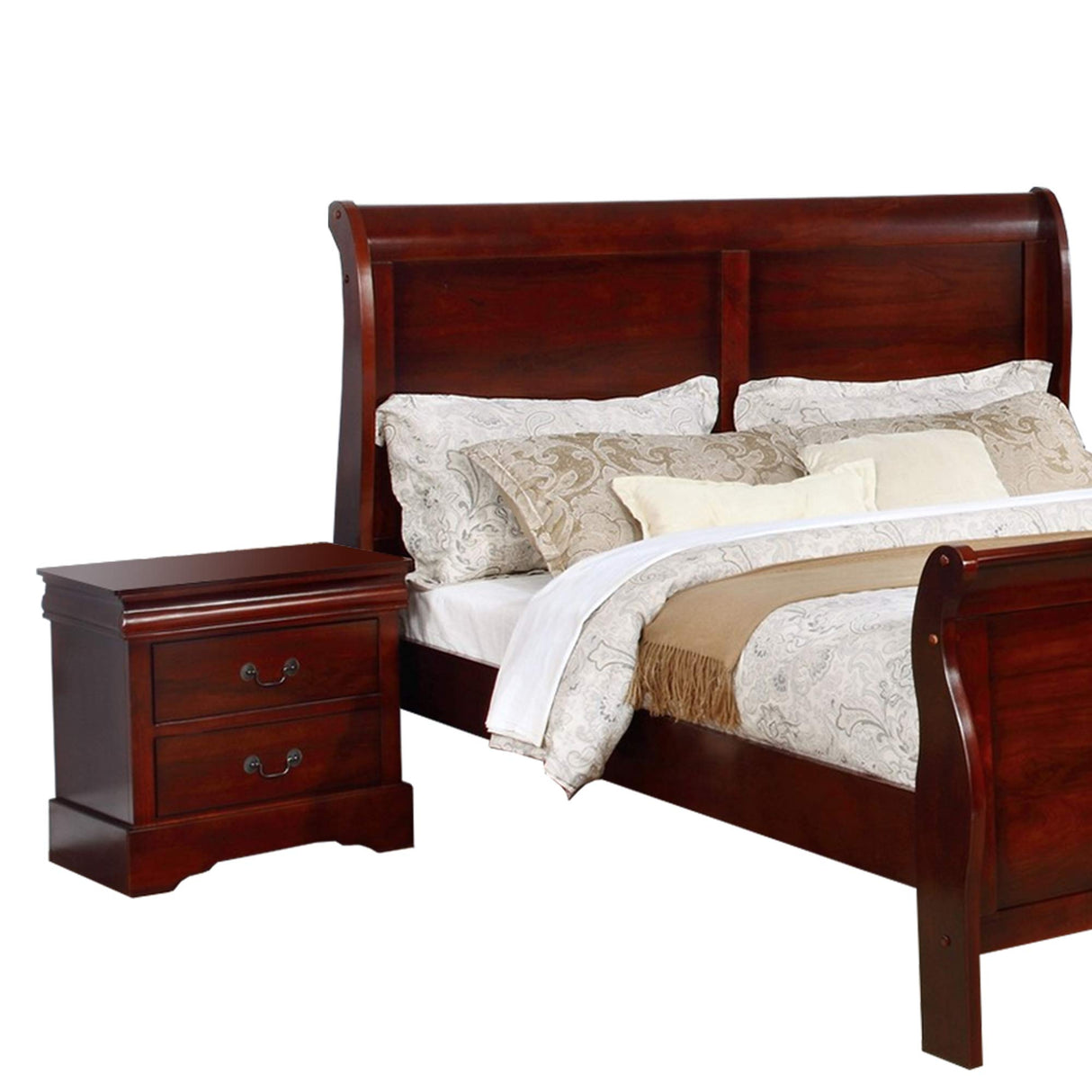 Benjara Full Size Sleigh Wooden 4 Piece Bedroom Set, Brown