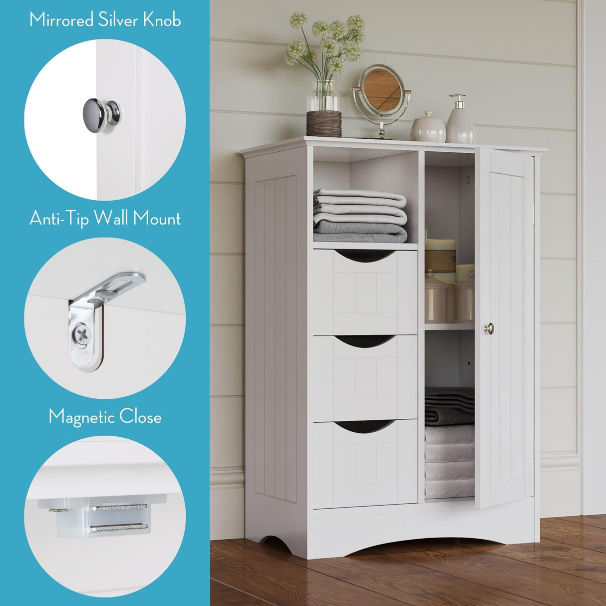 Ashland 1-Door, 3-Drawer Floor Cabinet, One Size, White
