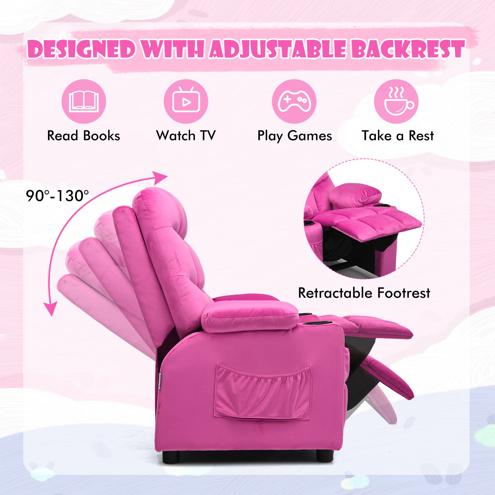 Larger Kids Recliner Chair, Adjustable Lounge Recliner w/ 2 Cup Holders, 1 Side Pocket