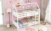 Twin Over Twin House Floor Bunk Bed, Wooden Bunk Bed with Headboards, Footboards, Guardrails and Ladder, Space-Saving Design, Safety Guaranteed, White