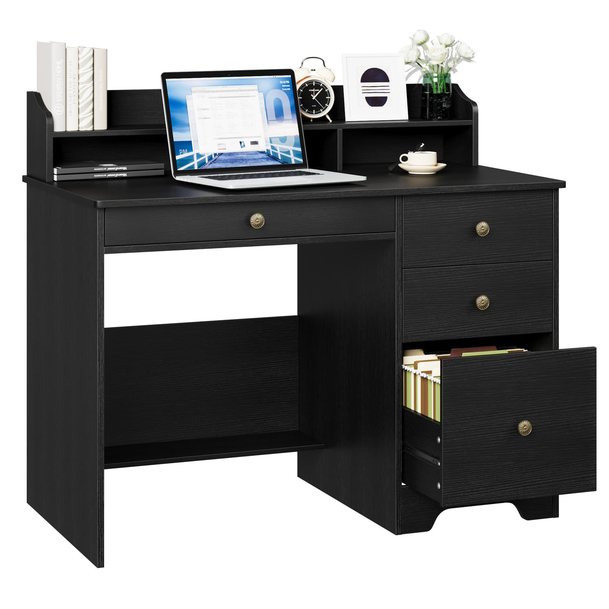 Computer Desk with Drawers and Hutch Shelf, Wood Executive Desk Writing Study