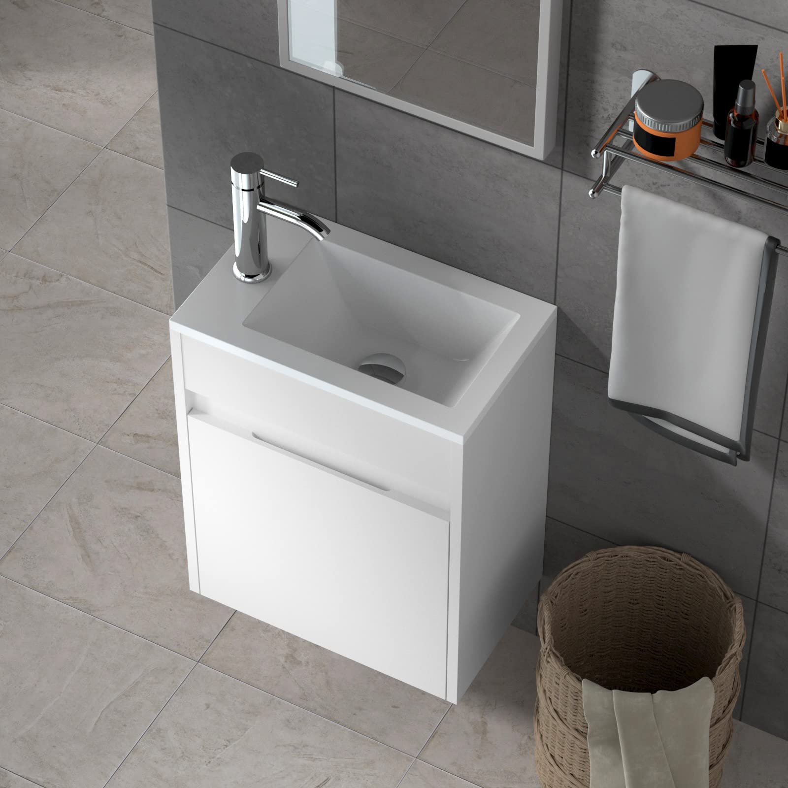 16" Small Bathroom Vanity Wall Mounted,White Small Bathroom Vanity with Ceramic Sink