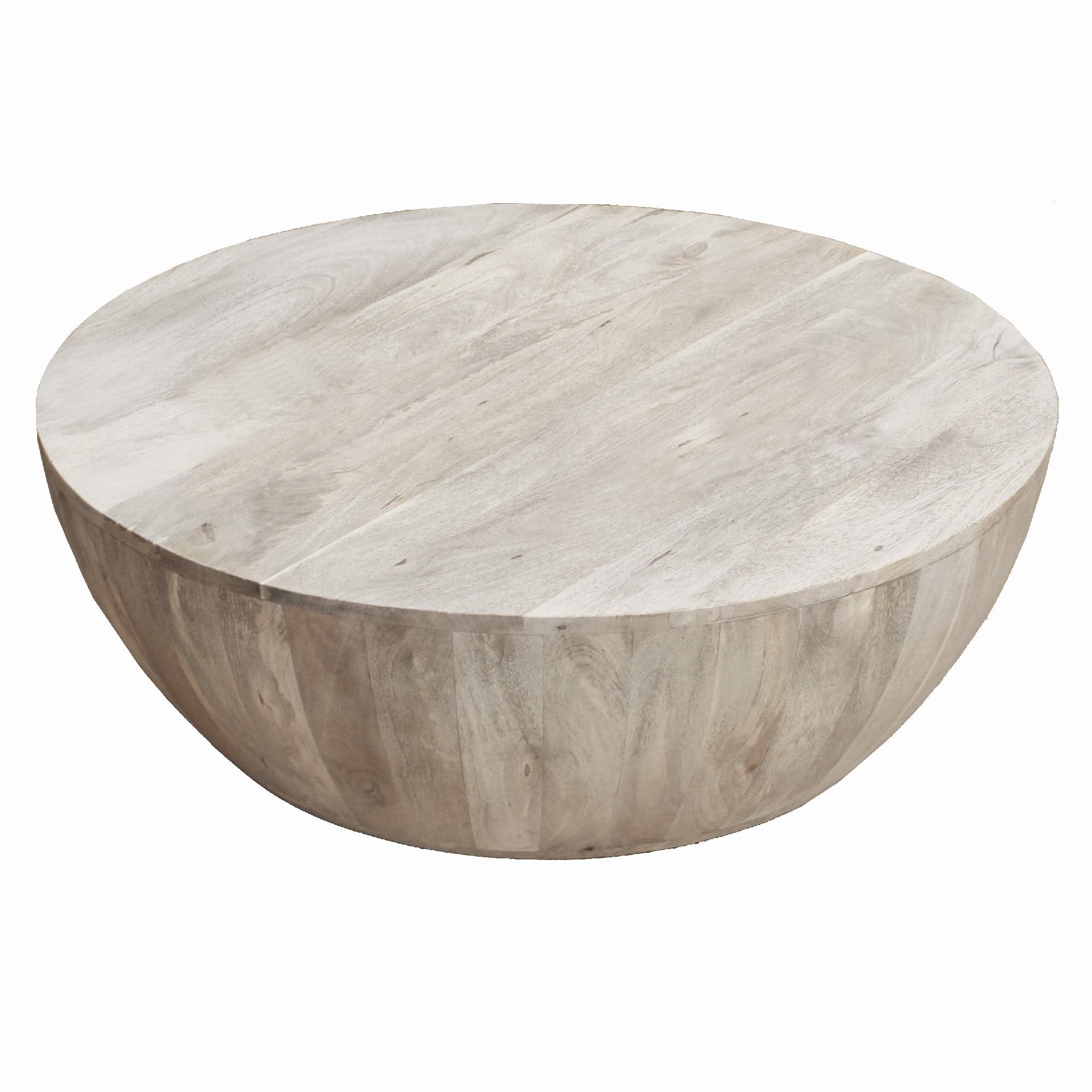 12-Inch Height Round Mango Wood Coffee Table, Subtle Grains, Distressed White