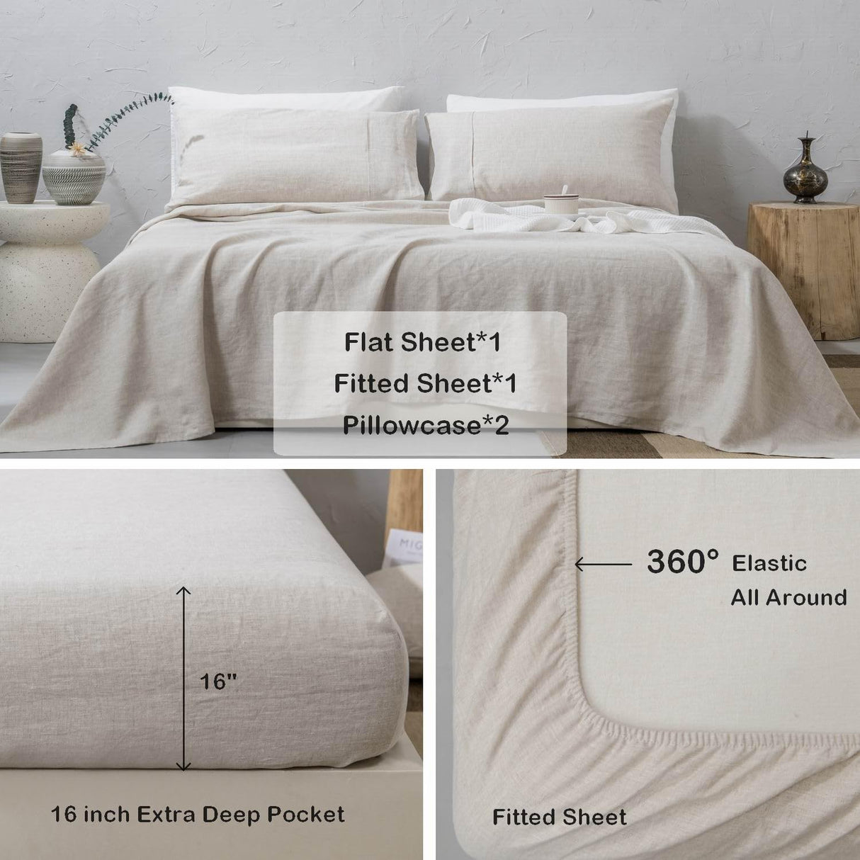 100% Washed French Linen Sheet Set-King Size-Natural Linen-4 Pieces