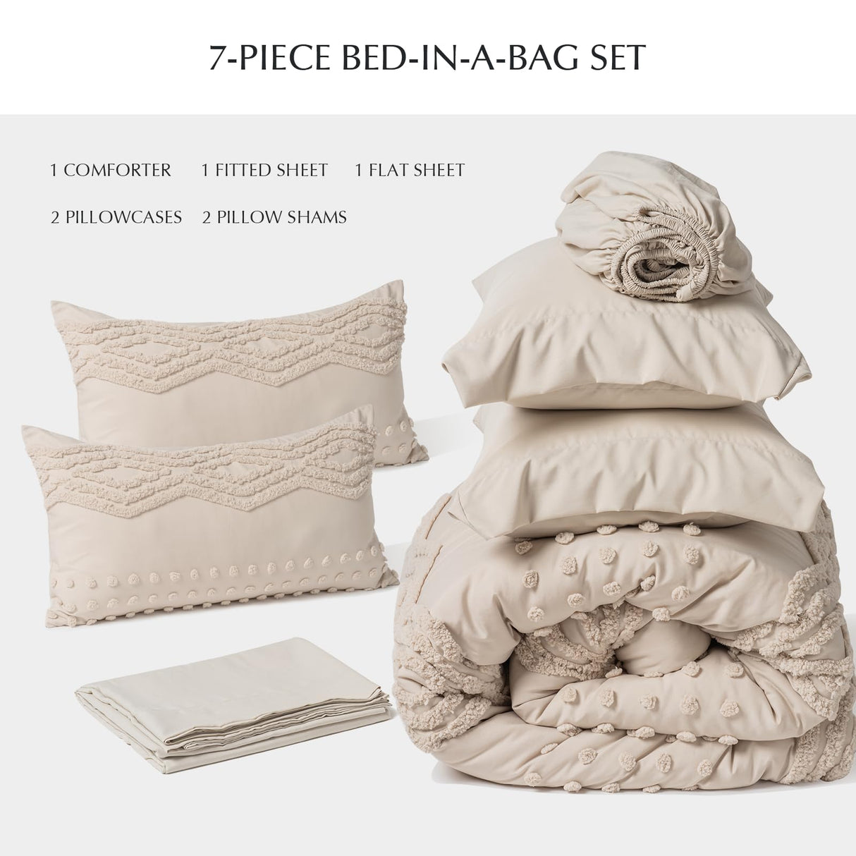 EVERGRACE King Size Comforter Set 7 Pieces Bed in a Bag for College Dorm, Beige Tufted Shabby Chic Boho Comforter and Sheet Set with Pom Pom Textured, Soft Fluffy Farmhouse Complete Bedding Set