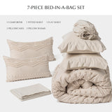 EVERGRACE King Size Comforter Set 7 Pieces Bed in a Bag for College Dorm, Beige Tufted Shabby Chic Boho Comforter and Sheet Set with Pom Pom Textured, Soft Fluffy Farmhouse Complete Bedding Set