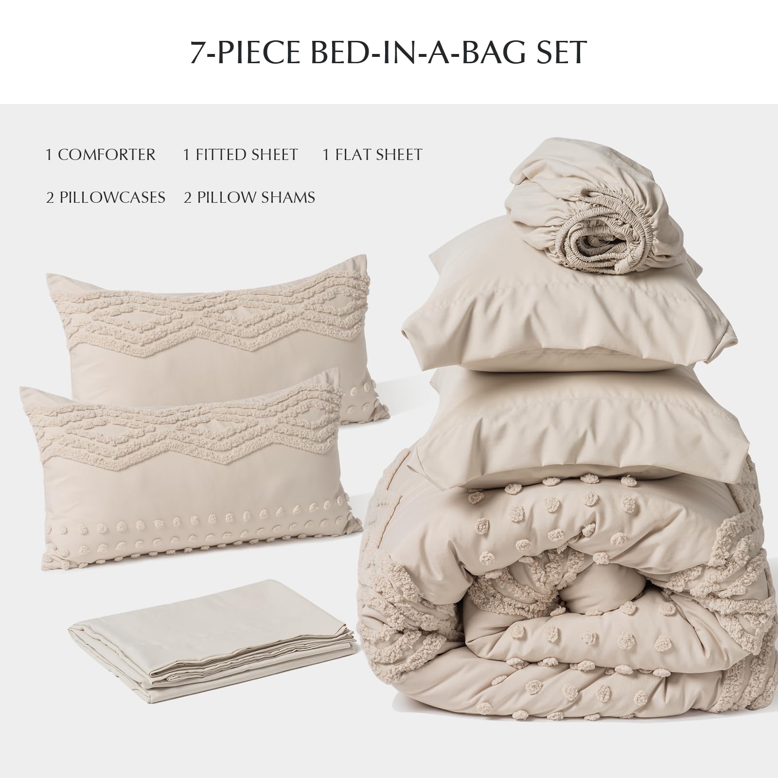 EVERGRACE King Size Comforter Set 7 Pieces Bed in a Bag for College Dorm, Beige Tufted Shabby Chic Boho Comforter and Sheet Set with Pom Pom Textured, Soft Fluffy Farmhouse Complete Bedding Set