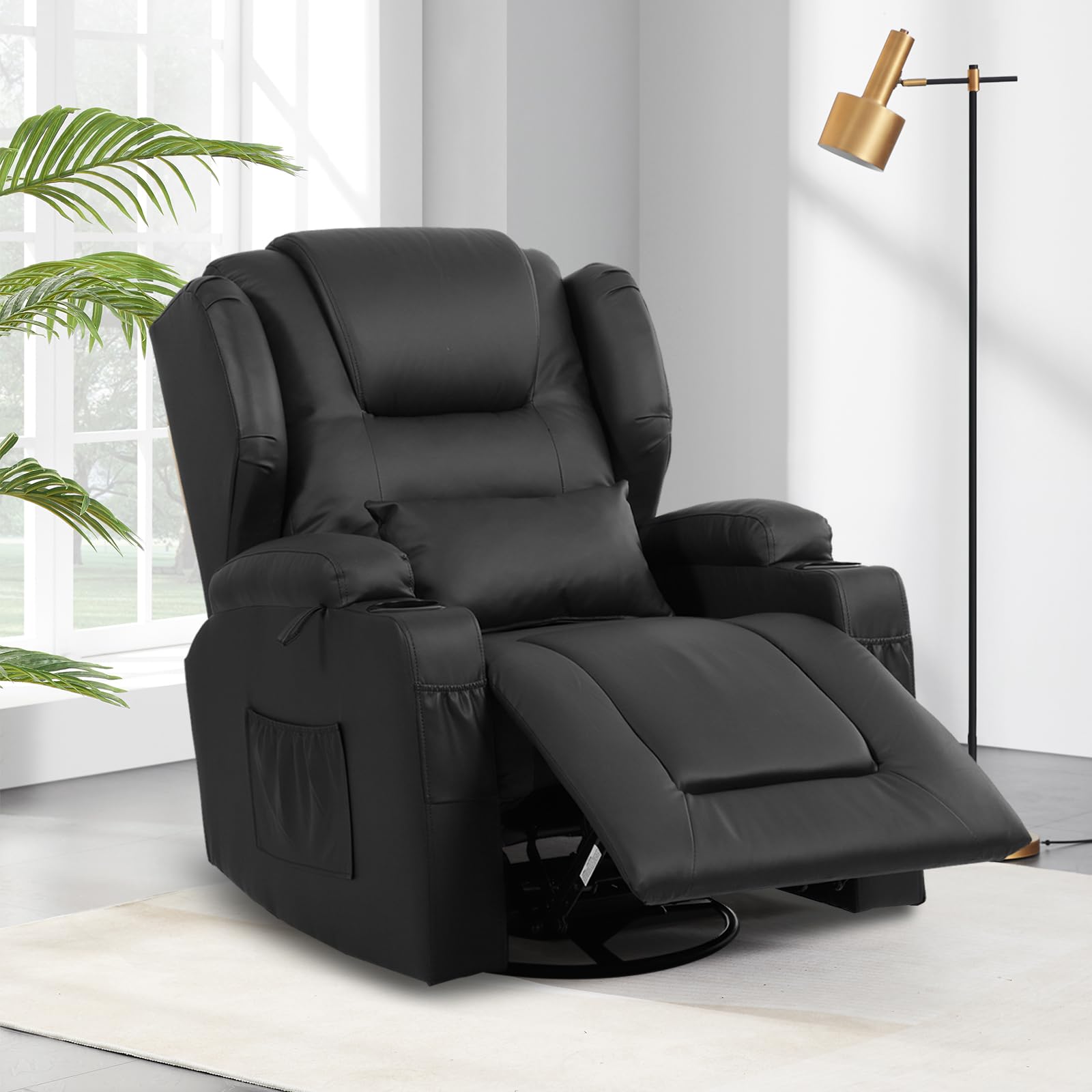 Swivel Rocker Recliner Nursery Rocking Chairs 360 Degree, Manual Glider Recliner Chairs for Living Room,Upholstered Swivel Single Sofa Seat with Cup Holders, Side Pockets, Pillow, Leather