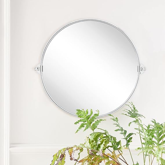 Round Pivot Bathroom Mirror - 24" Black Metal Framed Tilting Wall Mount