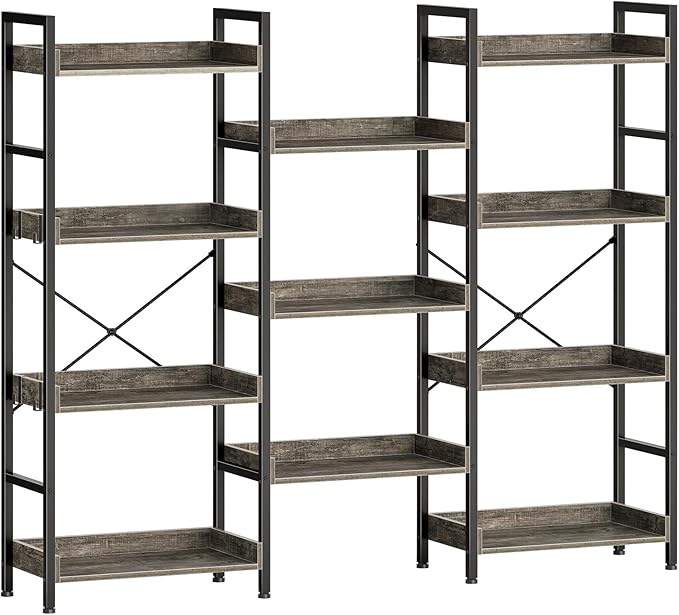 Bookshelf 4 Tiers with 4 Hooks, Triple Bookcase with Open Display Shelves