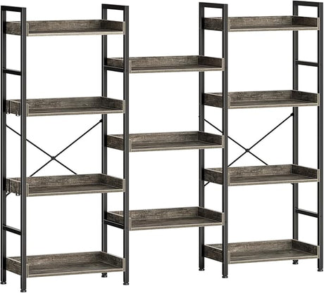 Bookshelf 4 Tiers with 4 Hooks, Triple Bookcase with Open Display Shelves