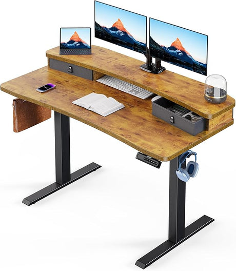 48″ x 24″ Electric Standing Desk with 2 Drawers, C-Clamp Mount Compatible, Height Adjustable Computer Desk, Home Office Stand Up Desk with 4 Preset Heights & 2 Hooks, Black