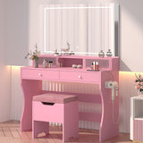 Vanity Desk with LED Lighted Mirror and Power Outlet, Makeup Table with 4 Drawers