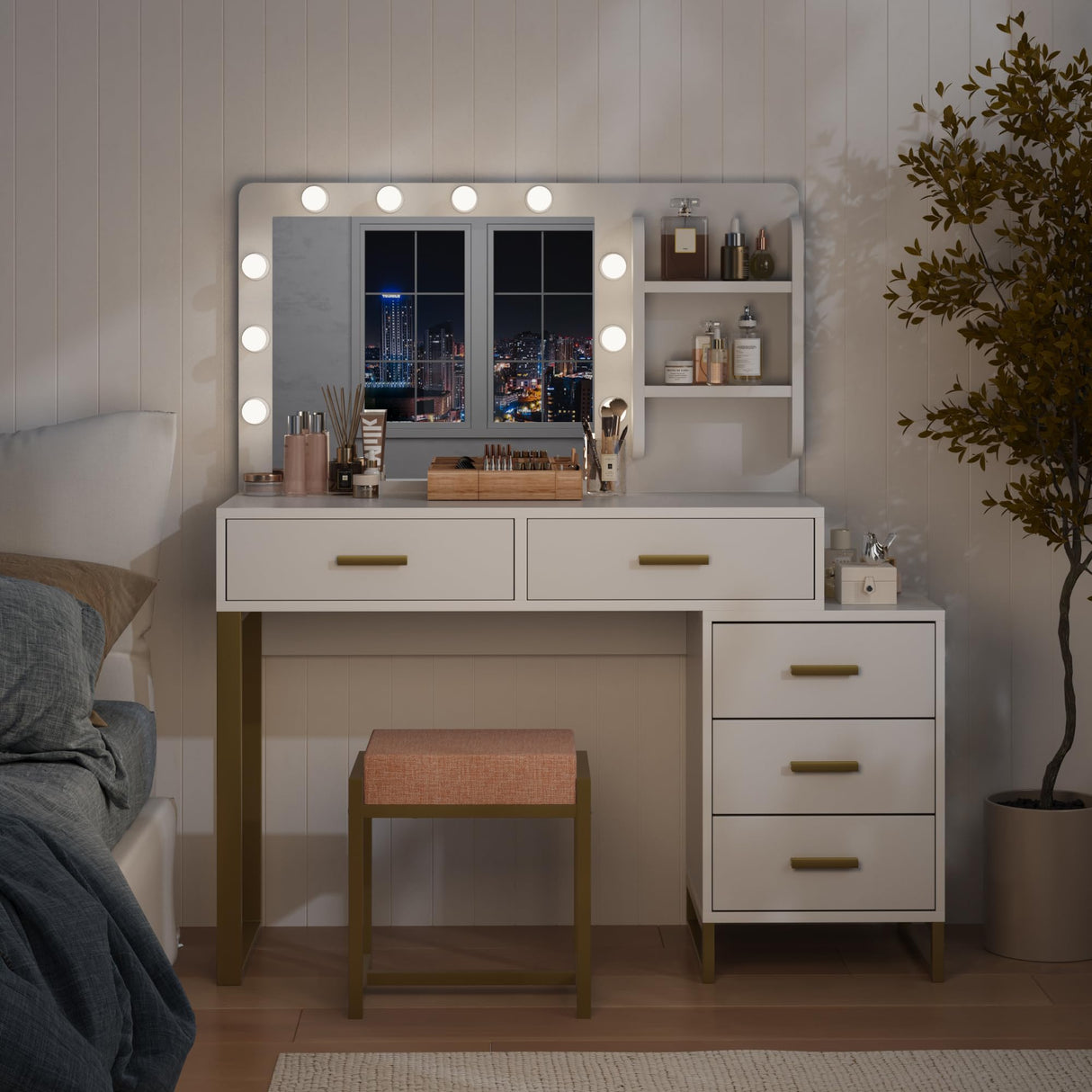 Desk with Mirror and 10 LED Lights, White Makeup Vanity with 5 Drawers, 3 Lighting Modes Makeup Desk, Madeup Table for Bedroom