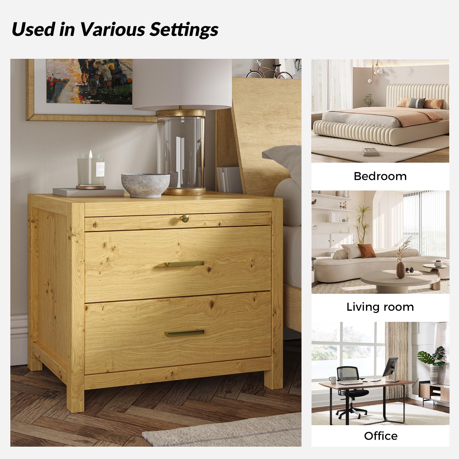 Nightstand with Drawers, Wood Nightstand Side Table with Storage and 1 Pull-Out Tray,