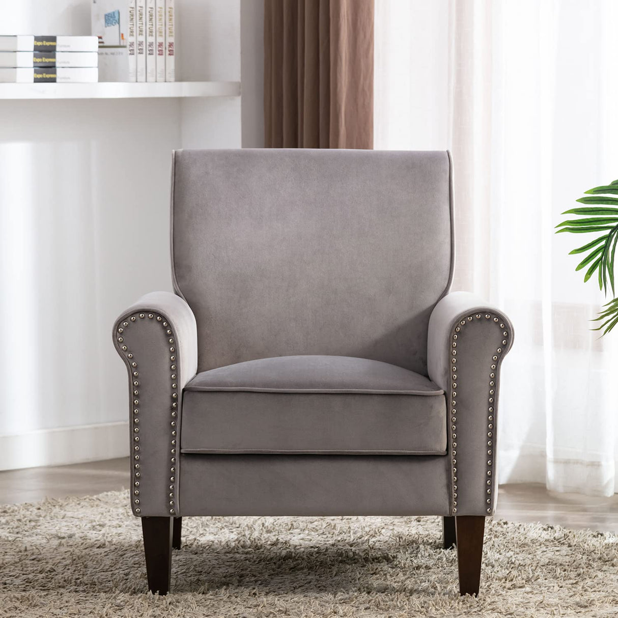 Accent Chair, Velvet Upholstered Armchair, Living Room Chair with Wooden Frame and Silver Rivet